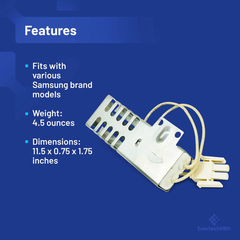 Gas Range Oven Igniter Replacement for Samsung DG94 01441A Original Style Easy Install shown with dimensions and features