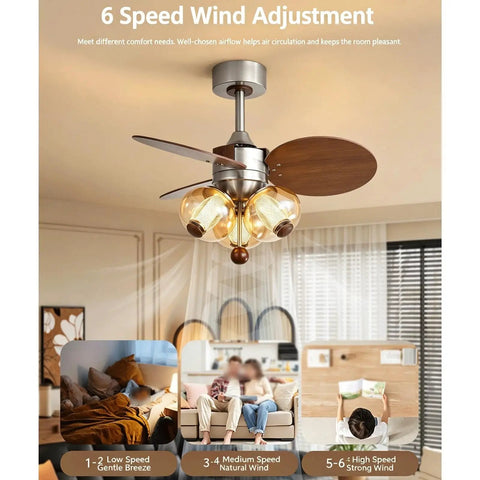 YPDJVLTI Ceiling Fans Lights Children's LED Fandelier in a living space with wooden blades and three glass bulbs.