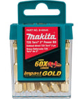 Front view: Makita B-60545 T25 Torx 2-inch power bits, 15-pack with gold bits in teal case