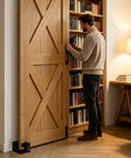 Heavy Duty Sliding Barn Door Guide With Adjustable Bottom Floor Track Hardware in modern home setup with wooden door.