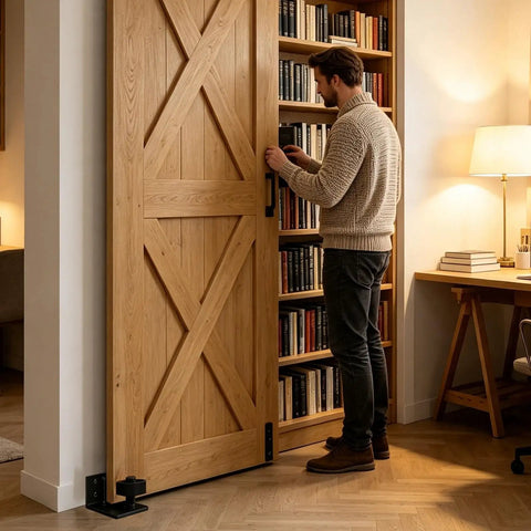 Heavy Duty Sliding Barn Door Guide With Adjustable Bottom Floor Track Hardware in modern home setup with wooden door.