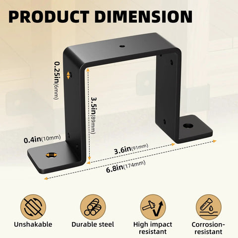 Beefy 4x4 Fence Post Brackets Set For Decks And Gazebos, 2mm Thick Steel Mounting Ties, black finish, showing product dimensions and durability features