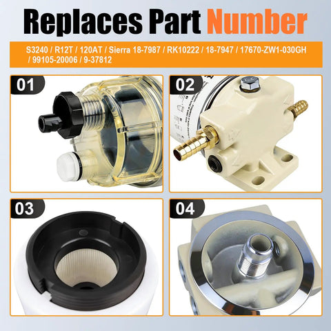 R12T Marine Fuel Water Separator Kit for One Quarter NPT Outboard Motors, clear nylon bowl, valve close-up.