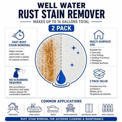 Rust Stain Remover Crystals For Outdoor Surfaces And Home Use, Easy Spray On Formula That Eliminates Well Water Rust Stains From Concrete, Vinyl, Wood, Boats And Other Surfaces, 4 Pound Jar Makes Eight Gallons, Two Pack. Well water rust stain remover 2-pack for multiple outdoor surfaces and 16 gallons total