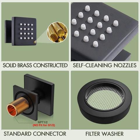 Matte Black Square Shower Body Jets Set 4 Pieces With 16 Nozzles, High-Volume Hydrotherapy Massage, Wall Mount, Brass Highlight