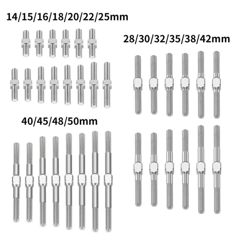 RC Turnbuckles Camber Links Set 1 Pair 14mm To 50mm With 17 Length Options arranged by size with detailed view.