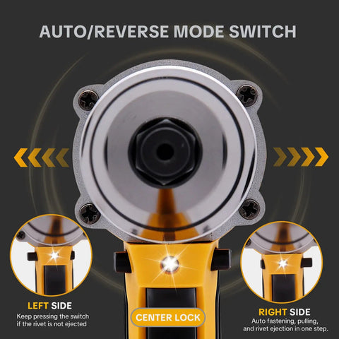 Heavy Duty Brushless Cordless Rivet Gun Tool Compatible With Dewalt 20V Max Battery, mode switch display for auto reverse operation.