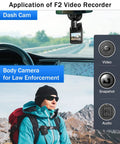 F2 128GB Dual Screen Body Camera With GPS 2K Video And 40MP Photos shown on a mountain hiker and in a car dash cam setup
