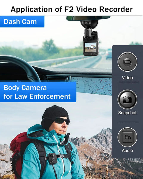 F2 128GB Dual Screen Body Camera With GPS 2K Video And 40MP Photos shown on a mountain hiker and in a car dash cam setup