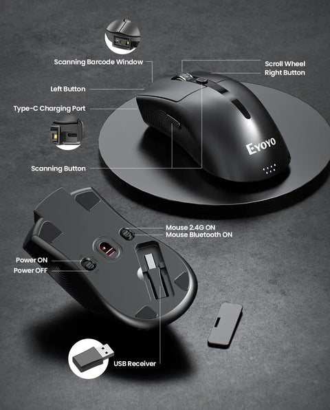Side view of 2-In-1 Wireless Mouse And Barcode Scanner With Bluetooth QR Code Reader showing buttons, charging port, USB receiver.
