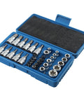 34 Piece Socket Set With Chrome Vanadium Star Sockets And Male Female E Security Bits 1/4 And 3/8 Inch Drive Kit in blue case