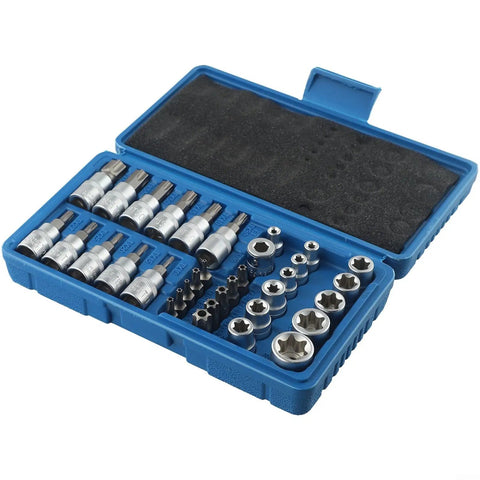 34 Piece Socket Set With Chrome Vanadium Star Sockets And Male Female E Security Bits 1/4 And 3/8 Inch Drive Kit in blue case