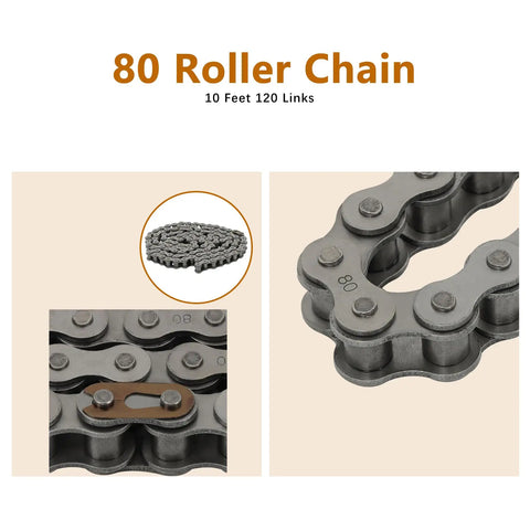 ANSI 80 Roller Chain, 120 Links, 10 Feet, Carbon Steel, Heat Treated For Durability, Includes 1 Connecting Link