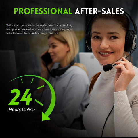 Customer service team with headset providing 24-hour online support, featuring a focus on professional after-sales assistance.