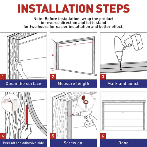 Installation steps for Garage Door Seal Kit Top and Sides Weather Stripping 34.4 Ft Rubber Weatherproofing shown in six diagrams.