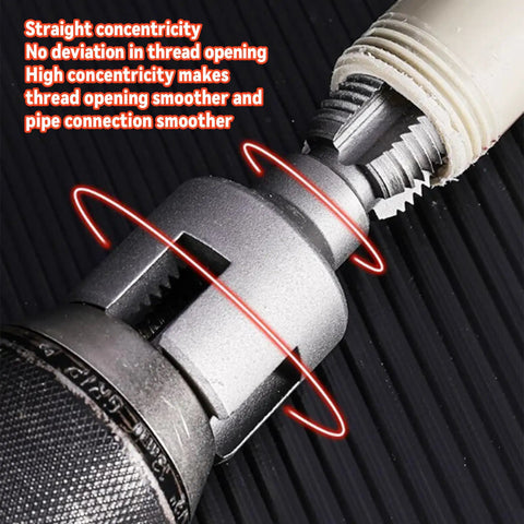 Versatile Pipe Threading Tool For PVC And Plastic Pipes One Half Inch And Three Quarter Inch Rethreader in use with electric drill