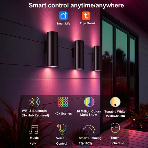 Up And Down Outdoor Wall Sconce With APP Control, RGB CCT Color Changing Exterior Light Fixture on house wall, evening