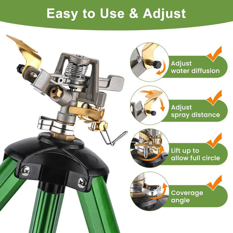 Two Pack 360 Degree Rotary Lawn Sprinklers On Metal Tripod Bases with Adjustable Height, showing adjustment features.