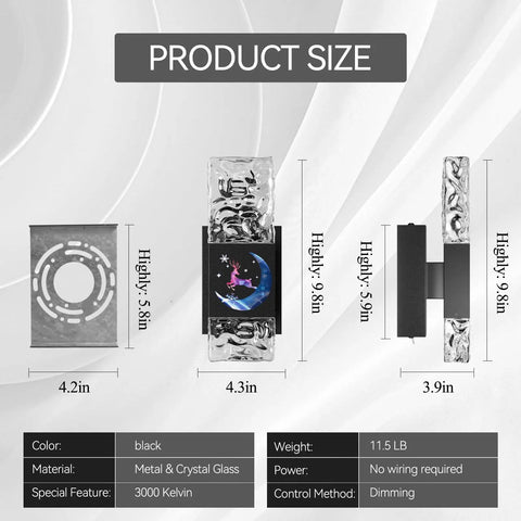 Rechargeable Wireless Wall Sconce With Remote Control And 10000mAh Battery showing dimensions and features on chart