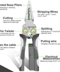 Front view of 8 In 1 Wire Stripper And Cutter With Voltage Tester And Dual Alarms Heavy Duty 12 To 250V AC DC Electrical Tester.