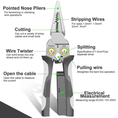 Front view of 8 In 1 Wire Stripper And Cutter With Voltage Tester And Dual Alarms Heavy Duty 12 To 250V AC DC Electrical Tester.