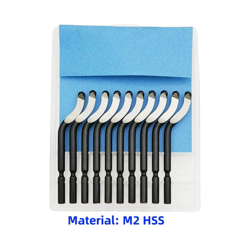 Front view of deburring tool set with 12 black handles and curved M2 HSS blades in blue storage case