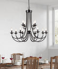 Farmhouse Twelve Light Candle Chandelier Black Wrought Iron Pendant Light 2 Tier Rustic Industrial Ceiling Fixture For Foyer Kitchen Island Living Room hanging over dining table.