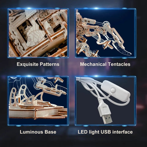 LED Jellyfish 3D Wooden Puzzle Kit For Adults With 355 Pieces That Swims When LED Lights Up Realistic Display Build DIY Wood Craft Toy Gift For Him And Her Cool Creative Hobby And Unique Educational Toy, USB light