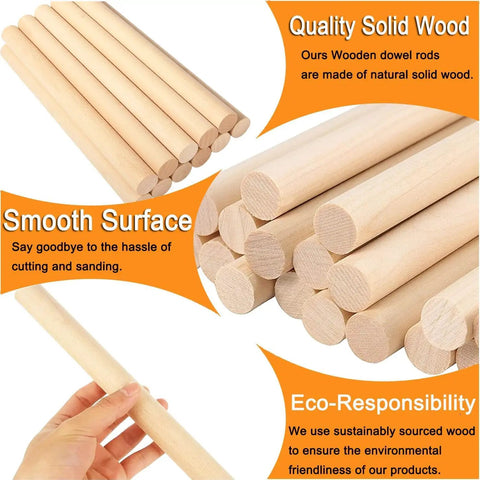 Heavy Duty 20 Pack Wooden Dowel Rods 3/8 X 15 Inch Round Unfinished Hardwood Sticks displayed with focus on smooth surfaces and natural finish.