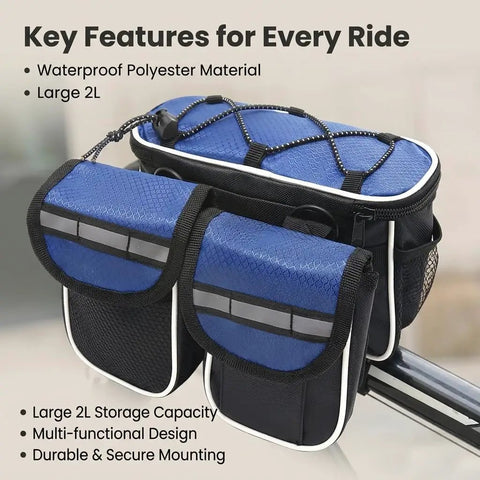 Large Bike Frame Bag 2L With Four Compartments, Water Resistant Frame Storage for Mountain Biking, side view on bike frame