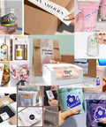 Collage of assorted packaging, gifts, and beverages, showing boxes, bags, and drinks.
