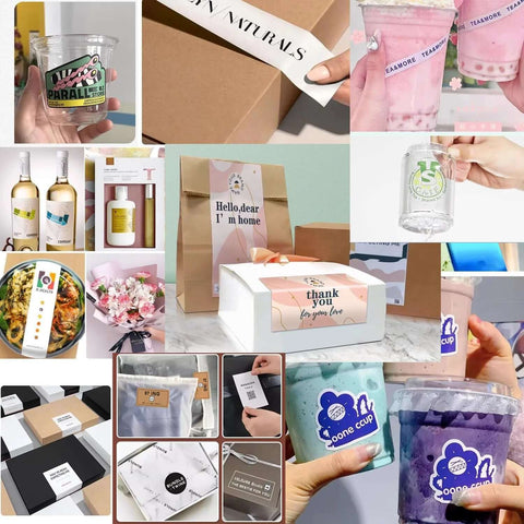 Collage of assorted packaging, gifts, and beverages, showing boxes, bags, and drinks.