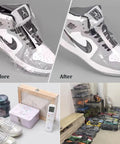 Before and after images of shoes wrapped in an 80 Pack Clear Pvc Heat Shrink Wrap Bags 10 By 16 Inches for secure packaging.