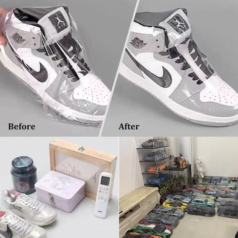 Before and after images of shoes wrapped in an 80 Pack Clear Pvc Heat Shrink Wrap Bags 10 By 16 Inches for secure packaging.
