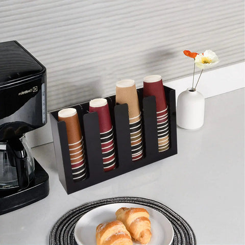 Disposable Coffee Cup Dispenser Organizer with Four Compartments Acrylic Cup Lid Sleeve Holder for Tabletop in Coffee Shop