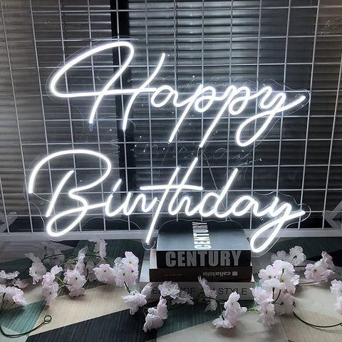 Personalized 21.6 Inch Birthday Neon Sign Wall Art LED Neon Light For Home Bar Party Decor on clear acrylic back with flowers