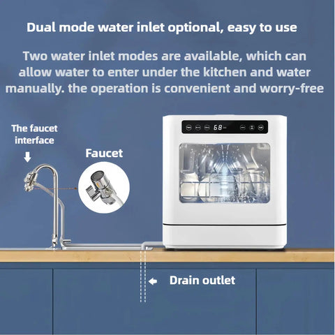 Fully Automatic Portable Countertop Dishwasher Boasting Four Wash Cycles, Roomy Eight Place Setting Capacity, Smooth Operation And No Sweat Cleanup showing faucet and drain setup.