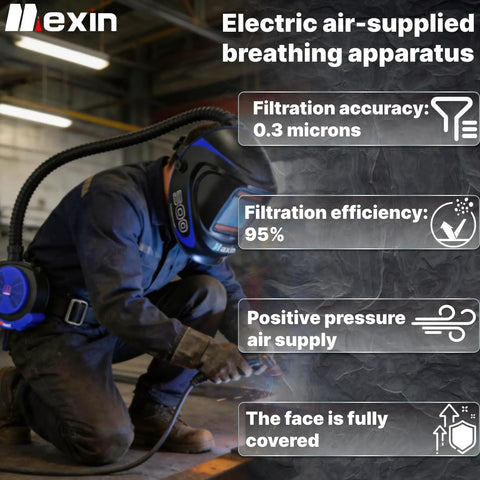 Worker using Powered Air Purifying Welding Helmet With Rechargeable Respirator System True Color Vision 4 Arc Sensors DIN 5 To 9 And 9 To 13 Ideal For Welding Grinding And Cutting Reduces Dust Smoke And Fumes Comfortable All Day Wear in workshop.