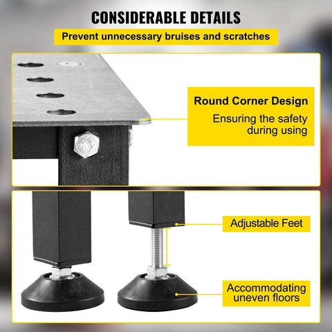 Close-up of corners and adjustable feet of Heavy Duty Steel Welding Table And Workbench 36 By 24 Inches with rounded design.