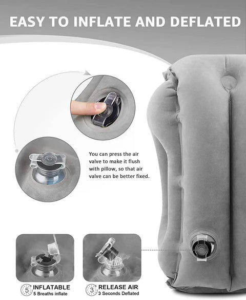 Inflatable Travel Pillow With Chin Support And Eye Mask Earplugs All In One Ergonomic Neck Pillow with close-up of air valve.