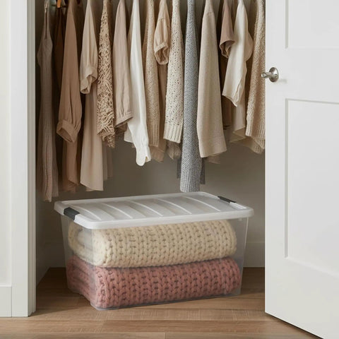 Slick 94 Quart Storage Bins With Secure Lids 8 Pack Bpa Free Clear Plastic Containers storing blankets in a closet.