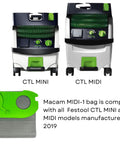 Festool CTL MINI and CTL MIDI models with reusable dust bag for Festool Midi CT 15 E and CT 25 HEPA dust extractors.