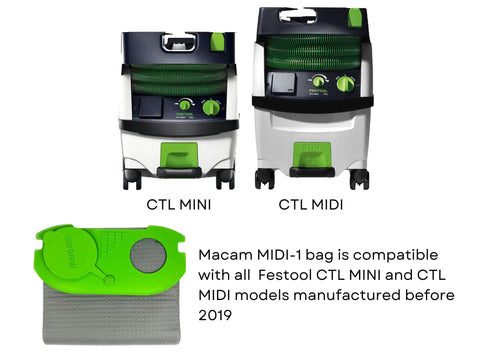 Festool CTL MINI and CTL MIDI models with reusable dust bag for Festool Midi CT 15 E and CT 25 HEPA dust extractors.
