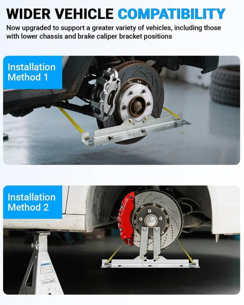 Pro Grade DIY Friendly Wheel Alignment Tool Set With Premium Stainless Steel Toe Plates shown installed on vehicle wheels.