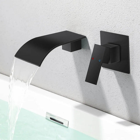 Solid Brass Wall Mount Bathtub Faucet With Single Handle Waterfall Spout, brushed nickel finish, mounted on gray wall.