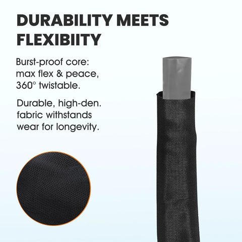 Haeteir 100ft non-expanding garden hose with black fabric outer; side view and fabric texture close-up.
