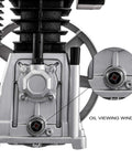 Air compressor pump head close-up; aluminum body with oil viewing window.