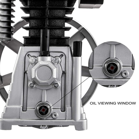 Air compressor pump head close-up; aluminum body with oil viewing window.