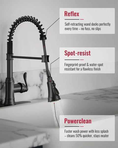 Matte Black Kitchen Faucet With Pull Down Sprayer Single Handle High Arc Three Function Waterway shown with water flow