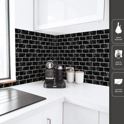 Modern kitchen corner with Peel And Stick Backsplash Tiles 12x12 Black Marble Design For Kitchen And Bath, 10 Sheets installed on walls.